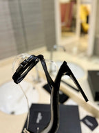 SL RHINESTONE HEELED SANDALS BLACK SATIN