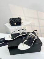 SL Cassandra Croc-Embossed Thong Sandals Black White Leather