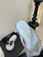 PLATFORM FLIP-FLOPS IN WHITE TWEED FABRIC