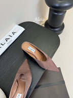 ALAIA HIGH MULES 25S IN BROWN SATIN