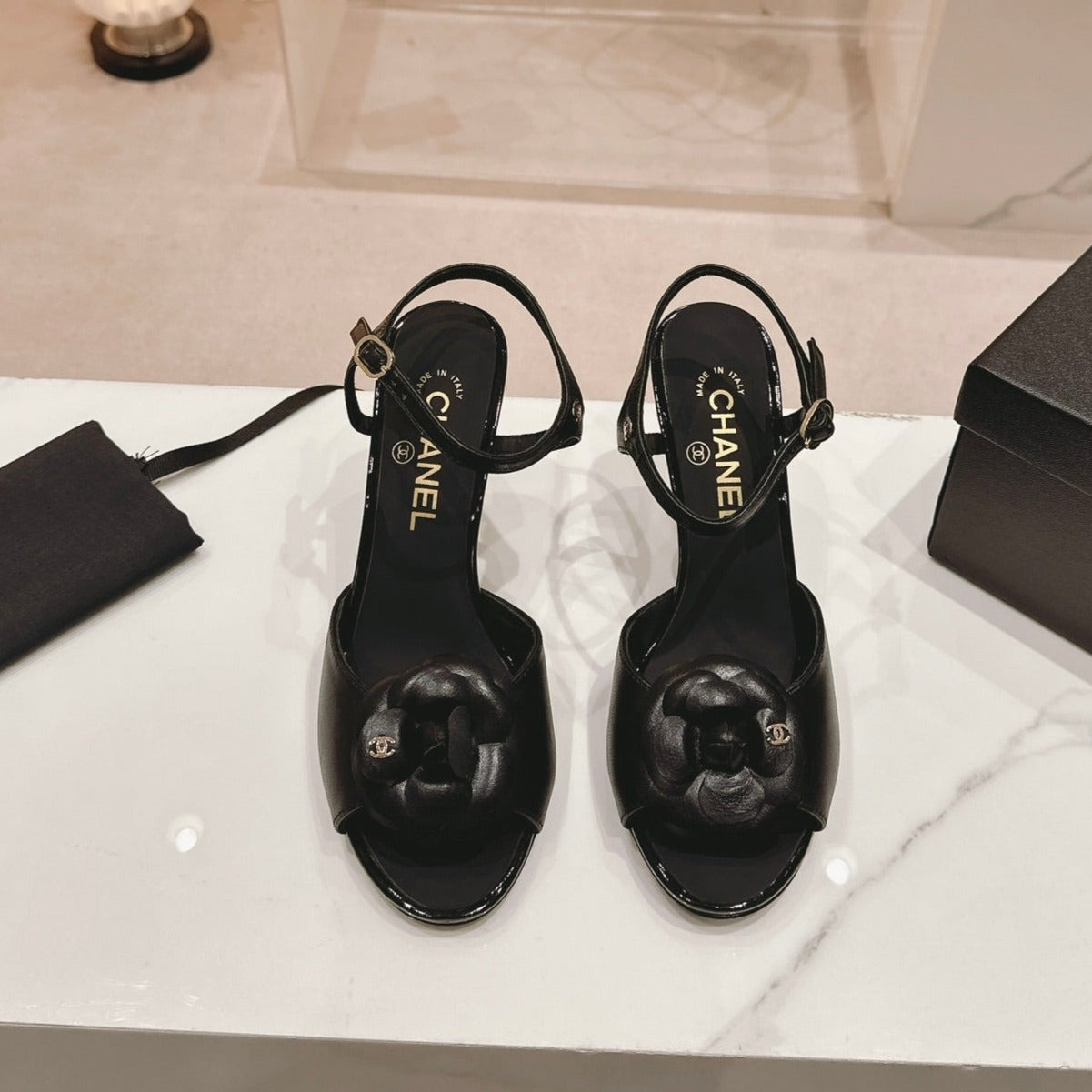 Double C New Camellia High Heel Sandals Black