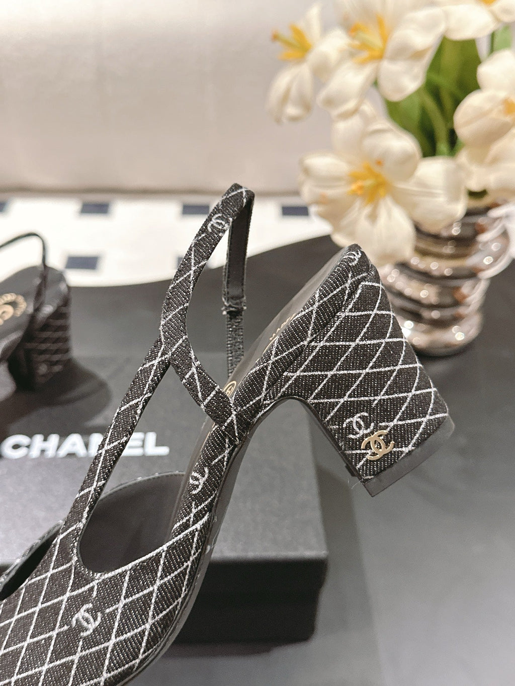 CC SLINGBACK 25S 65 MM IN BLACK DENIM WITH PLAID PATTERN
