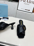 PRA CROSS MULE HEELS IN BLACK CALFSKIN WITH PADDED STRAPS