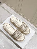 DWAY WEDGE SLIDES 45MM IN WARM GREIGE FABRIC RAFFIA SOLE