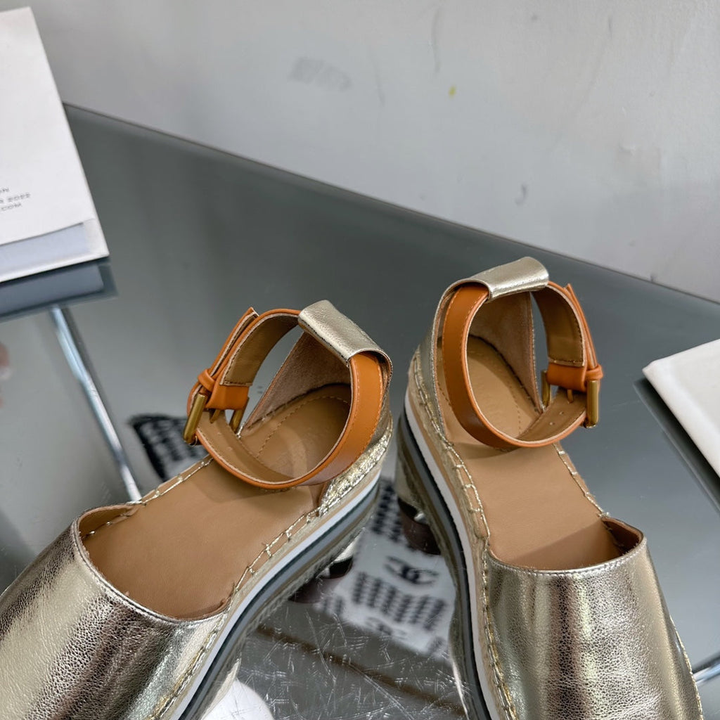 SEE BY CHLOÉ ESPADRILLES SANDAL IN LIGHT GOLD CALFSKIN AND WOVEN RAFFIA
