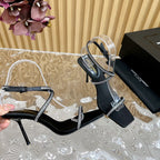 SL STRAP WHITE CRYSTAL HIGH SANDAL BLACK SATIN
