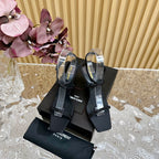 NUIT SANDALS 85 IN BLACK CREPE SATIN AND BLACK RHINESTONES