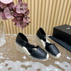 SL WEDGE SANDALS BLACK CALFSKIN AND STRAW
