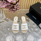 PLATFORM SLIPPERS IN WHITE TWEED AND LAMBSKIN