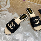 PLATFORM SLIPPERS IN BLACK TWEED AND LAMBSKIN