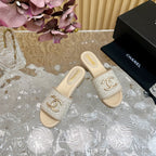 PLATFORM SLIPPERS IN LIGHT GREY TWEED AND LAMBSKIN