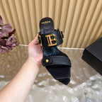 BALMAIN 25S MULES IN STRIPED LEATHER 95MM IN BLACK CALFSKIN GOLD HARDWARE