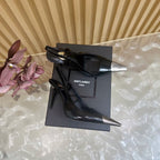 YSL 25S HIGH-HEEL SLINGBACKS 105 MM IN BLACK SHINY LAMBSKIN AND SILVER HARDWARE