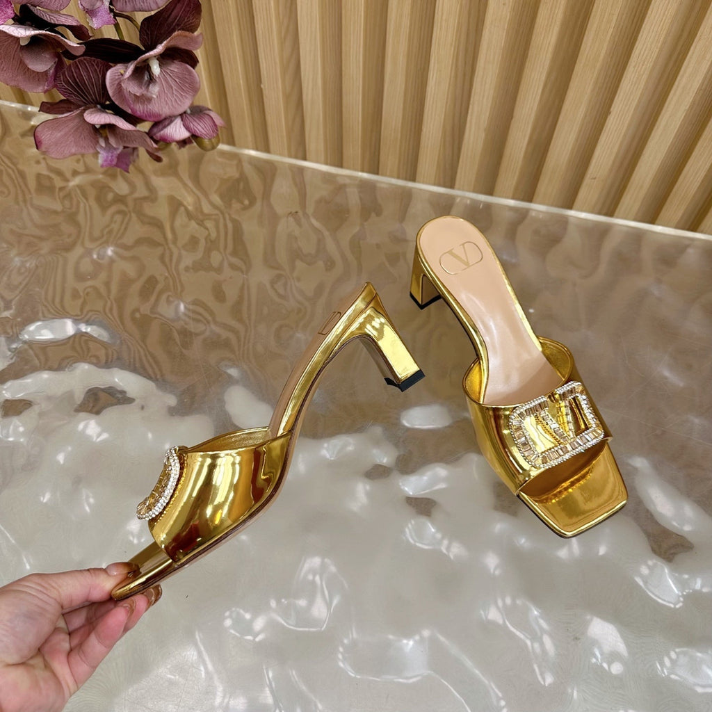 VALENTINO 25S HIGH-HEEL MULES 60 MM IN GOLD PATENT CALFSKIN WITH CRYSTAL-EMBELLISHED STRAP