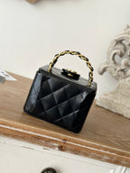 MINI  COSMETIC BAG 11 IN BLACK SHINY CALFSKIN GOLD HARDWARE