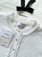 Chanel 25P Long-Sleeve Top White Tweed Pearl Buttons 237299