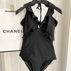 CC BIKINI SWIMSUIT SET BLACK AND RUFFLED TRIM 622180