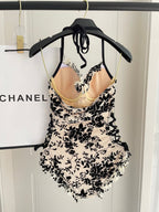 CC BIKINI SWIMSUIT SET IN IVORY MESH WITH BLACK VELVET FLORAL EMBROIDERY 622181