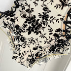 CC BIKINI SWIMSUIT SET IN IVORY MESH WITH BLACK VELVET FLORAL EMBROIDERY 622181