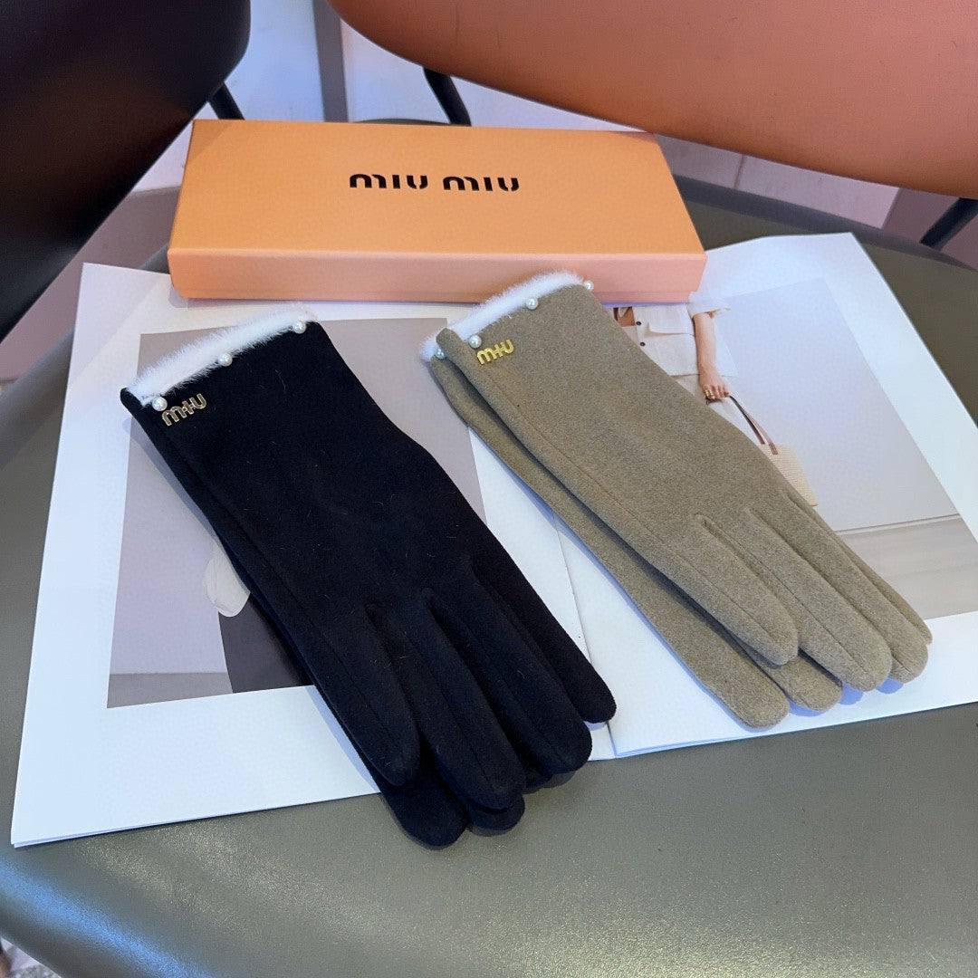 GLOVES IN KHAKI BEIGE WOOL MIX RABBIT FUR 458604
