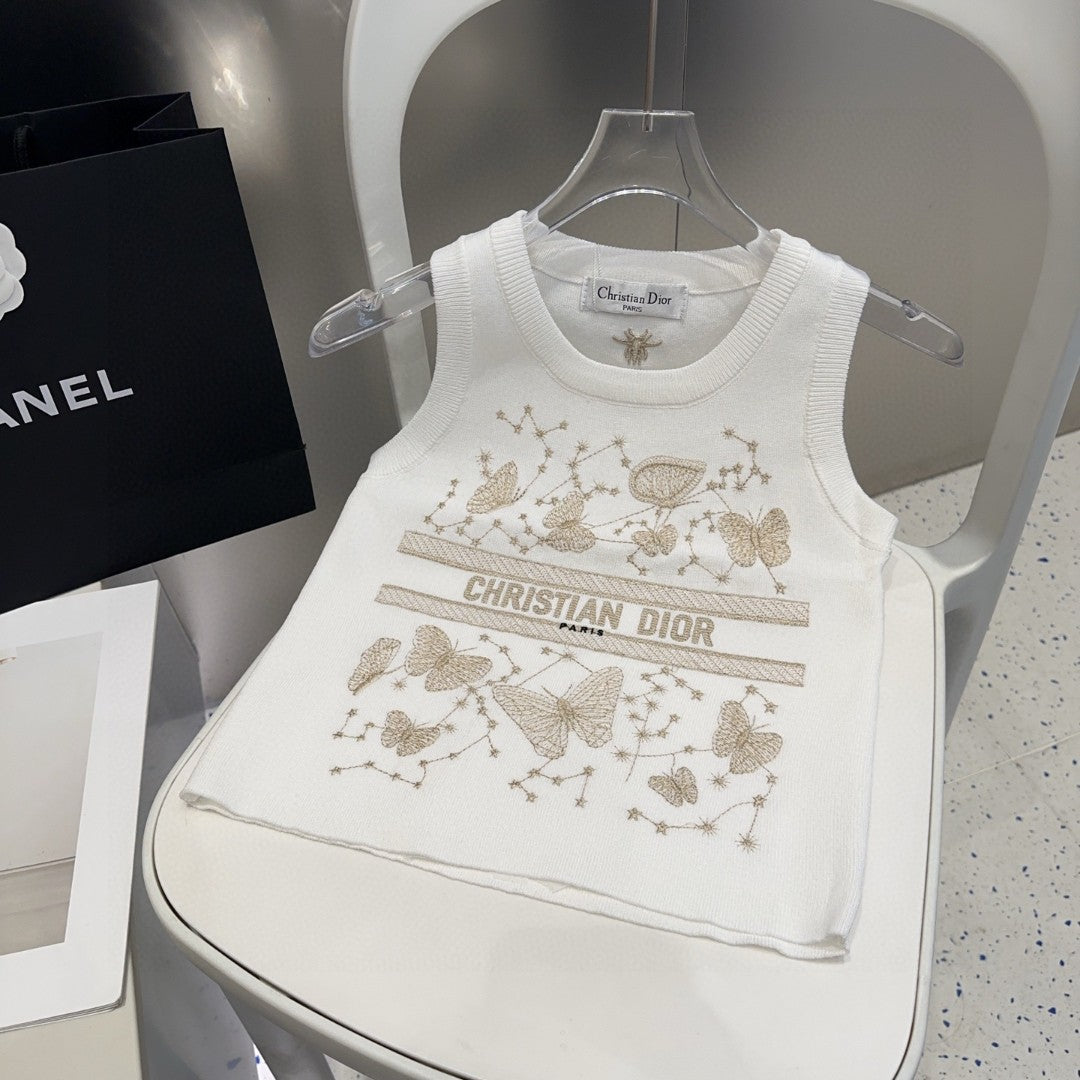 TANK TOP 610350 IN WHITE COTTON RIBBED EMBOSSED BUTTERFLY