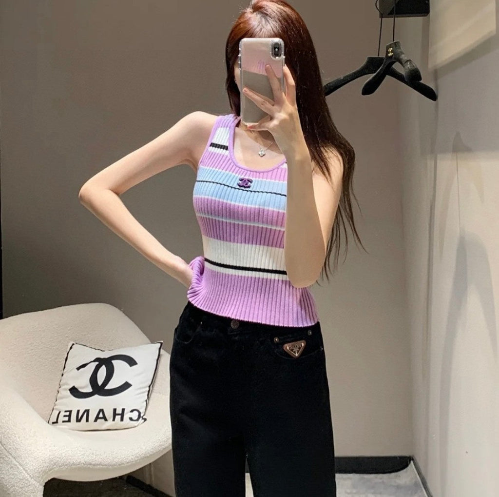 STRIPED TANK TOP 612058 IN BLUE WHITE AND PURPLE COTTON RIBBED