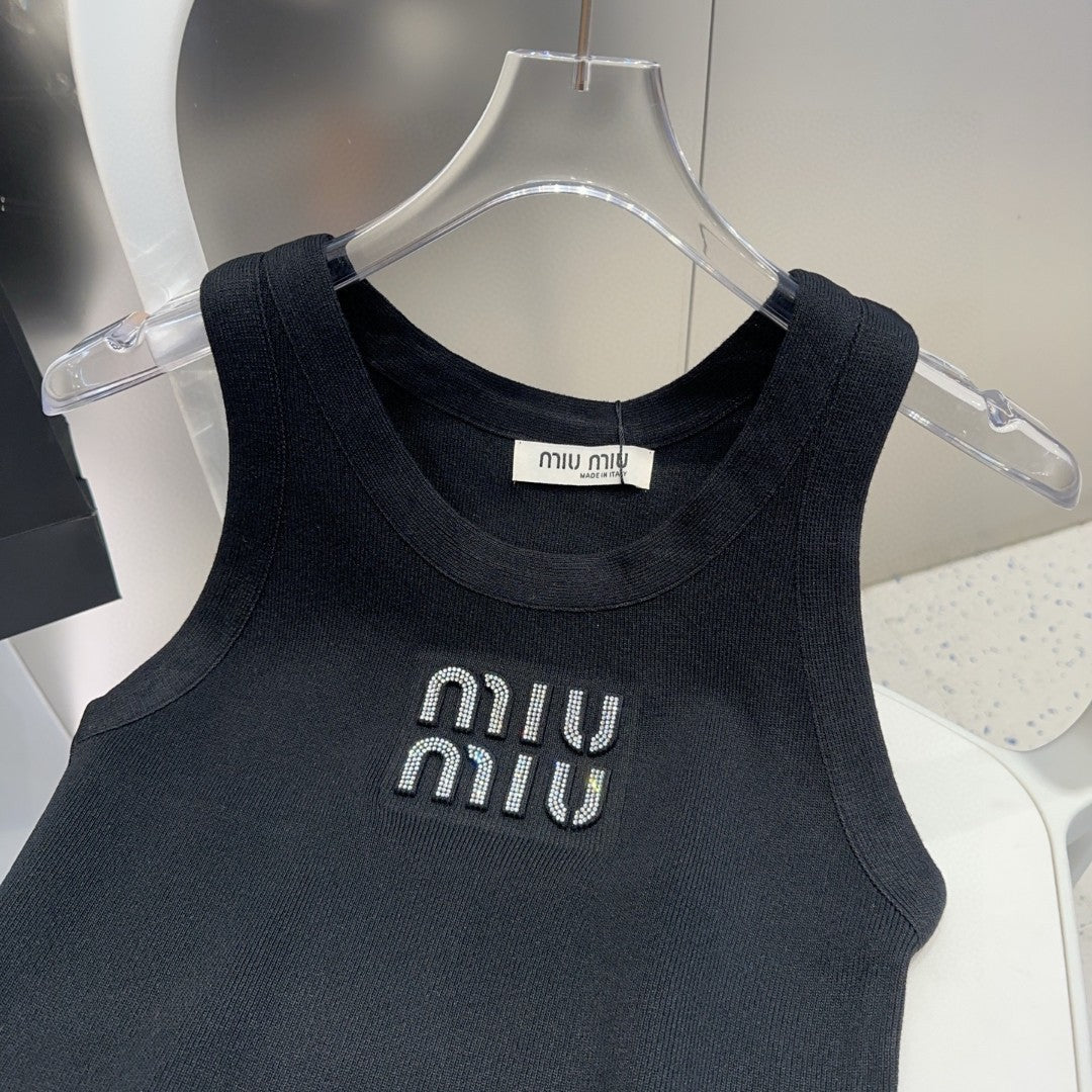 VISCOSE TANK TOP 643230 IN BLACK RIBBED KNIT WITH EMBELLISHED LOGO