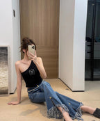 ONE SHOULDER TOP 624509 IN BLACK COTTON MULTICOLOR LOGO