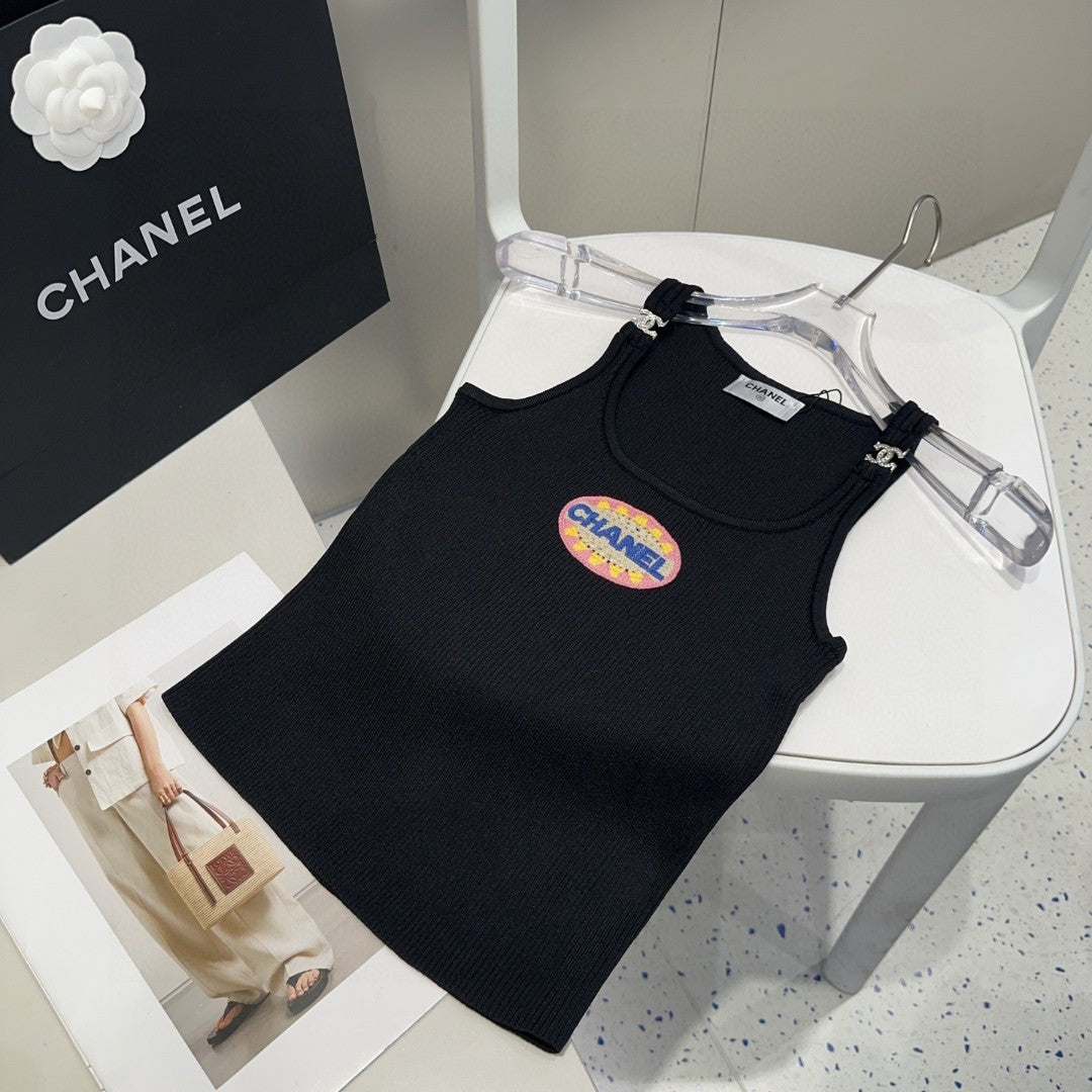 CAMISOLE 639170 IN BLACK COTTON RIBBED KNIT EMBOSSED LOGO ON STRAPS