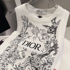 KNITTED TANK TOP 643231 IN WHITE COTTON JERSEY BLACK BIRD AND FLORAL PATTERN