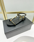 SANDALS PEARL CHAIN IN BLACK COWHIDE