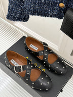 CROSSED STRAP BALLET FLATS IN BLACK CALFSKIN