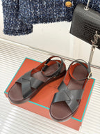 SANDALS THICK SOLE CROSS STRAP IN WHITE AND BROWN CALFSKIN