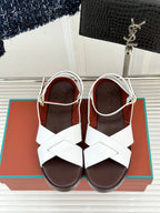 SANDALS THICK SOLE CROSS STRAP IN WHITE AND BROWN CALFSKIN