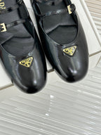 PRADA 25S DUAL MARY JANE BALLERINA MULES IN BLACK CALFSKIN