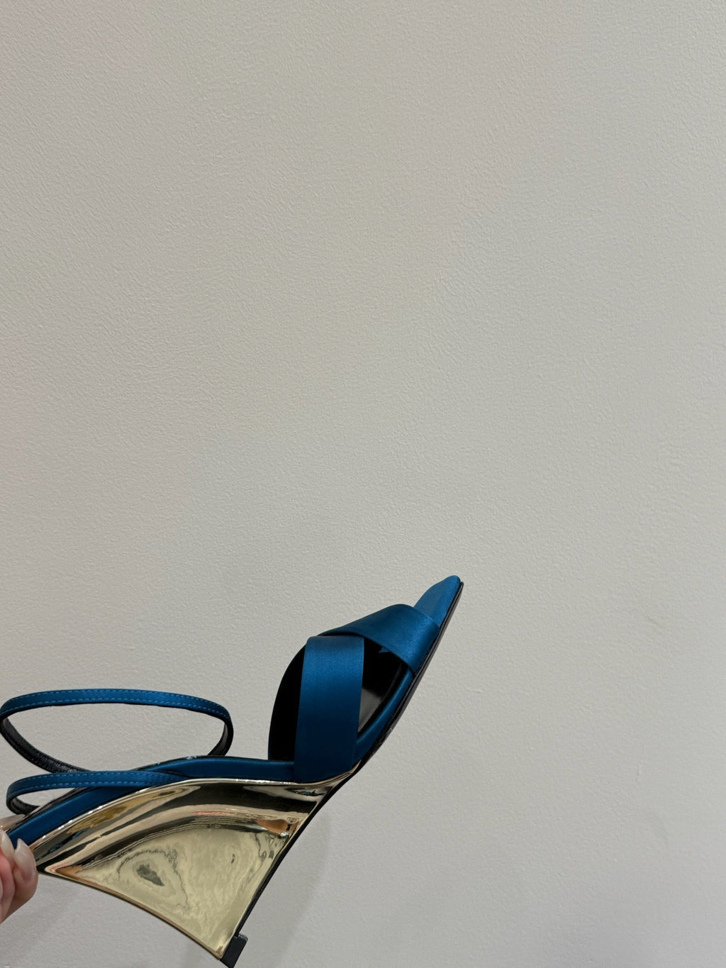 YSL STRAPPY WEDGE SANDALS 25S IN DARK BLUE SATIN