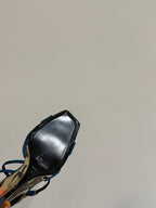 YSL STRAPPY WEDGE SANDALS 25S IN DARK BLUE SATIN