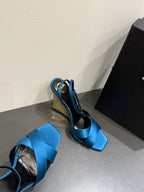 YSL STRAPPY WEDGE SANDALS 25S IN DARK BLUE SATIN
