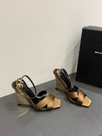 YSL STRAPPY WEDGE SANDALS 25S IN CARAMEL BROWN SATIN