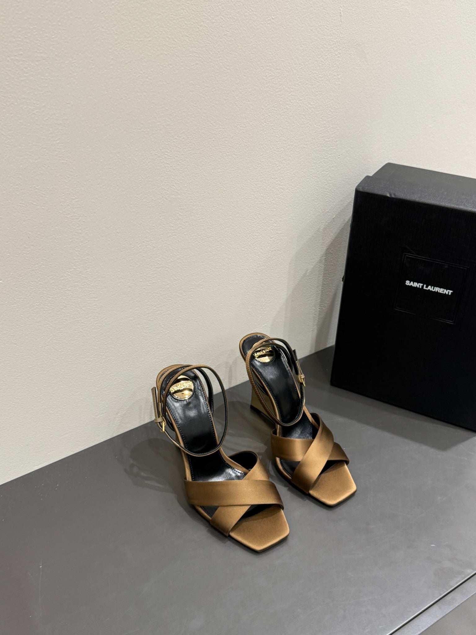 YSL STRAPPY WEDGE SANDALS 25S IN CARAMEL BROWN SATIN