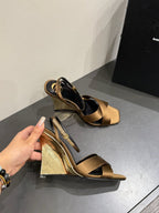 YSL STRAPPY WEDGE SANDALS 25S IN CARAMEL BROWN SATIN