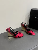 YSL STRAPPY WEDGE SANDALS 25S IN DARK RED SATIN