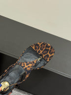 YSL WEDGE THONG SANDALS 25S IN LEOPARD LAMBSKIN WITH GOLD HARDWARE
