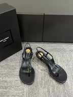 YSL WEDGE THONG SANDALS 25S IN BLACK LAMBSKIN WITH GOLD HARDWARE