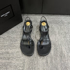 YSL WEDGE THONG SANDALS 25S IN BLACK LAMBSKIN WITH GOLD HARDWARE