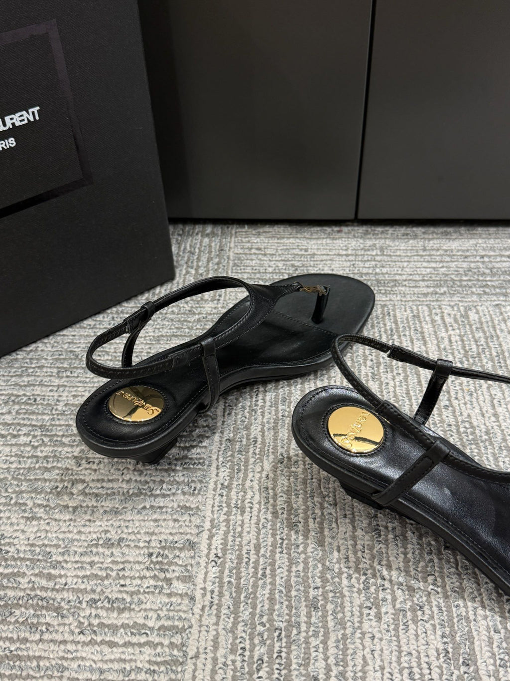YSL WEDGE THONG SANDALS 25S IN BLACK LAMBSKIN WITH GOLD HARDWARE