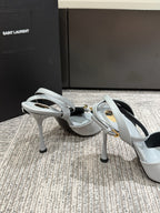 YSL HEELED SANDALS 25S 100 MM IN LIGHT SLATE BLUE LAMBSKIN