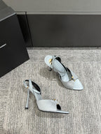 YSL HEELED SANDALS 25S 100 MM IN LIGHT SLATE BLUE LAMBSKIN