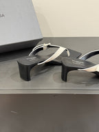 BALENCIAGA 25S HIGH-HEELED FLIP-FLOPS IN WHITE MIX BLACK CALFSKIN WITH SILVER HARDWARE