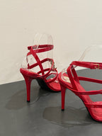 YSL SINGLE-STRAP HEELED SANDALS 25S IN RED LAMBSKIN